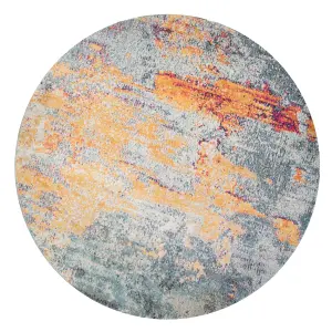 Navy Blue Ochre Multicolour Distressed Abstract Round Rug 160x160cm