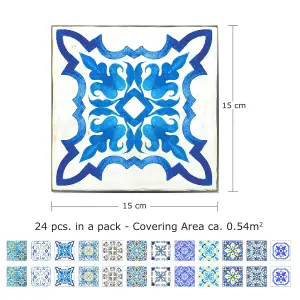 24 Pieces 15x15cm Mediterranean Sky Classic Blue Mosaic Tile Stickers