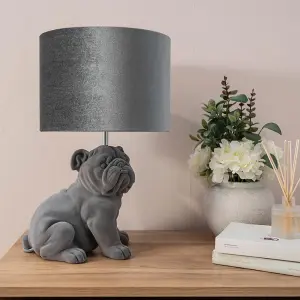 ValueLights Kaia Grey Velvet Bulldog Bedside Table Lamp with a Drum Lampshade Animal Bedroom Light - Bulb Included