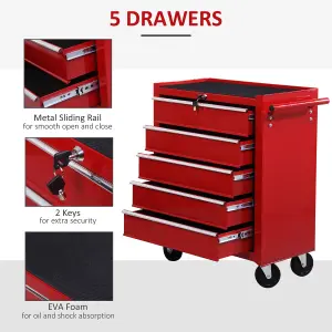 HOMCOM Tool Trolley with 5 Drawers Steel Tool Chest on Wheels with Handle Red