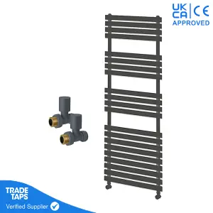 Designer Delta Anthracite Flat Panel Towel Radiator Heated Ladder Rail - 1424 x 500mm - Straight Manual Round Valve Pair