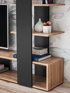 Eco Contemporary Entertainment Media Unit 1 Door Shelves Oak Wotan Effect & Black (W)1900mm (H)1520mm (D)350mm