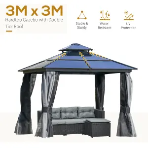 Outsunny 3x3(m) Polycarbonate Hardtop Gazebo w/ Double Roof & Aluminium Frame