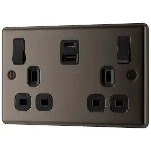 GoodHome Black Nickel Double 13A Raised rounded Switched Screwed Socket with USB, x2 & Black inserts