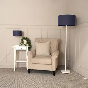 ValueLights Charles White Single Stem Table Lamp with Navy Blue Drum Lamp Shade and LED Bulb