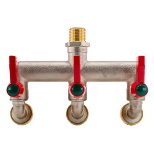 triple outlet garden tap splitter/manifold in nickel plated brass,universal hose connection,1/2" bsp inlet thread