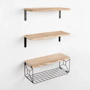 Floating Shelf Wall Mounted 3 Wood Shelves With Metal Basket