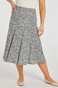 Bonmarche Women's Coral And Green Floral Ditsy Print Linen Flippy Skirt, Size: 28