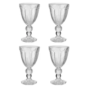 Set of 4 Vintage Luxury Clear Embossed Drinking Wine Goblet Glasses