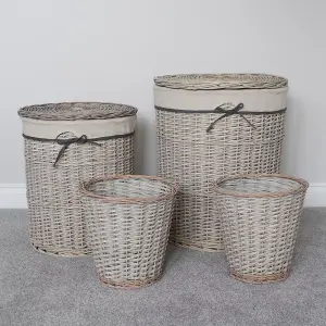 JVL Arianna Round Willow Baskets, Set of 2 Laundry Baskets and 2 Waste Paper Bins, Grey Wash