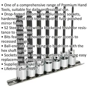 7pc Ball End Hex Socket Bit Set 3/8" Square Drive 3mm to 10mm - 110mm Long Shaft