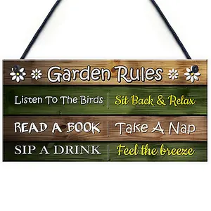 Red Ocean Garden Rules Sign - Funny Garden Signs and Plaques - Novelty Outdoor Garden Shed Plaques - Hanging Decoration Signs