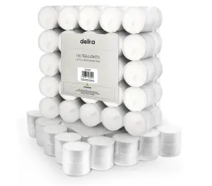 Delka 8 Hour Tea Light Candles, 50 Pack, Long Burning Time, Unscented Tea Lights - White