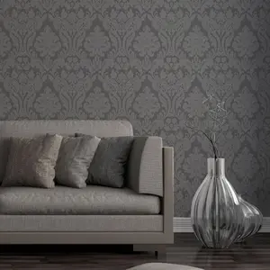 Colours Zara Charcoal Glitter effect Damask Embossed Wallpaper Sample