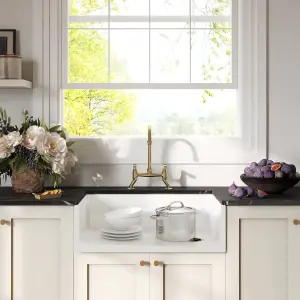 Fireclay Kitchen Bundle - Single Bowl Belfast Sink, Strainer Waste & Bridge Lever Tap, 795mm - Brushed Brass - Balterley