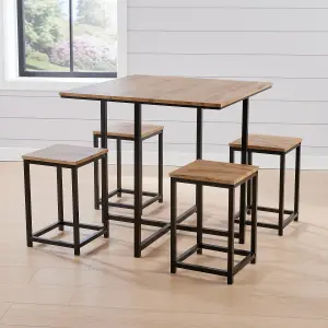 Home Source Paphos Table and 4 Bar Stool Set Oak Effect Black Metal Legs