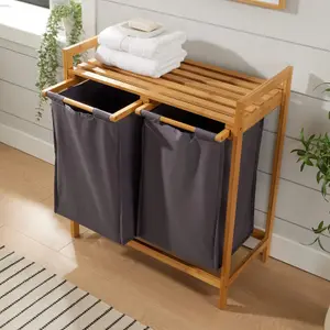 Home Source Walton Bamboo Laundry Basket with 2 Grey Fabric Compartments Storage Unit