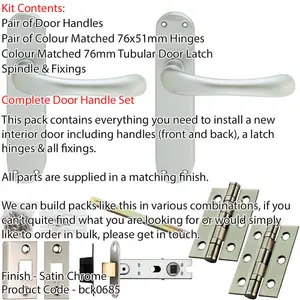 Door Handle & Latch Pack - Satin Chrome - Modern Bar Lever On Rounded Backplate