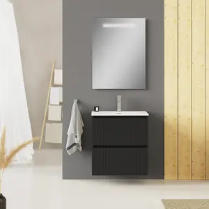 Banyetti Linea Matt Black Ribbed Double Drawer Wall Hung Vanity Unit 600mm x 390mm