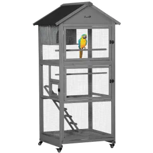 PawHut Bird Cage Wooden Aviary for Canary Cockatiel Parrot w/ Wheels Tray