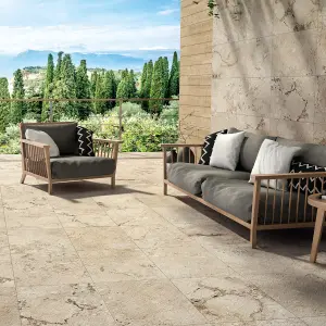 Zelus Beige Stone Effect Indoor & Outdoor Porcelain Tile - Pack of 4, 1.17m² - (L)650x(W)450mm