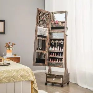 Costway Lockable Jewelry Armoire w/ Full-Length Mirror Mobile Jewelry Cabinet w/ 3-Color Light & Drawer Adjustable Angles