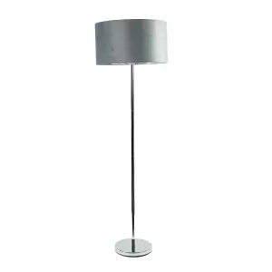 ValueLights Charles Chrome Stem Floor Lamp with Grey Velvet and Chrome Inner Lamp Shade and LED Bulb