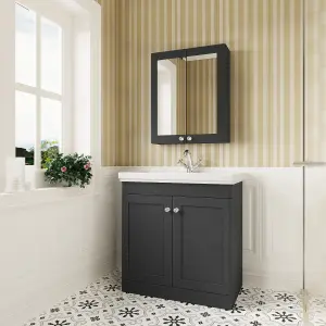 Traditional Floor Standing 2 Door Vanity Unit with 1 Tap Hole Fireclay Basin, 800mm - Soft Black