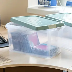 Wham Clip 2x 14L Rectangular Plastic Storage Boxes with Secure Clip Lock Lids. L:39 x W:24 x H:21cm Clear/Green Milieu/Stone