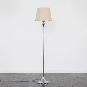 ValueLights Faulkner Modern Polished Chrome Spindle Design Floor Lamp with Beige Tapered Shade - Includes 10w LED GLS Bulb 3000K