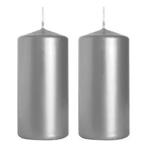 Pillar Candles, Pack of 2, Unscented, Long Burning Time, 10 x 5 cm / 4 x 2 in (Silver, Metallic)