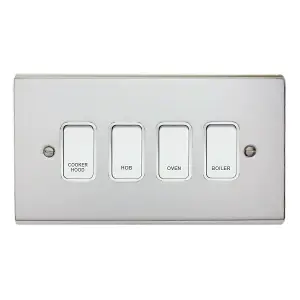 Customised Grid Switch Kitchen Control Panel - 4 Gang (Polished Chrome with White switches)