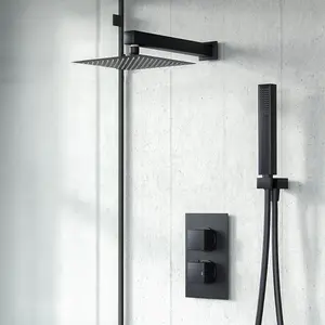 Nes Home Voilet 2 Dial 2 Outlet Square Concealed Thermostatic Mixer Valve, Shower Head & Handset Matte Black