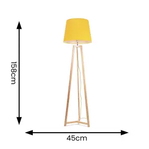 ValueLights Lottie Natural Wood Tripod Floor Lamp with Mustard Tapered Shade - LED Bulb Included