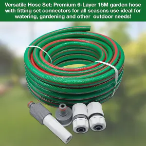 Garden Hose Set - Complete 4-Pc Starter Kit with Adjustable Nozzle 15m