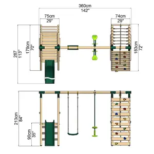 Rebo Wooden Swing Set with Deck and Slide plus Up and Over Climbing Wall - Obsidian Green