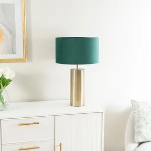 ValueLights Lexy Antique Brass Touch Table Lamp with Forest Green Velvet Shade