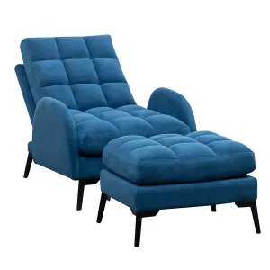 Blue Modern Frosted Velvet Armchair, Upholstered Reclining Chair Lounge Sofa Chair and Footstool Set