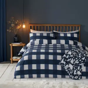 Seersucker Gingham Check Navy Brushed Duvet Cover Set