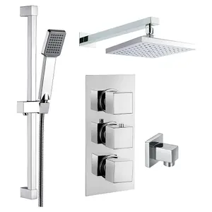 Square Twin Head Wall Concealed Thermostatic Shower Valve Set with Riser Kit - Chrome