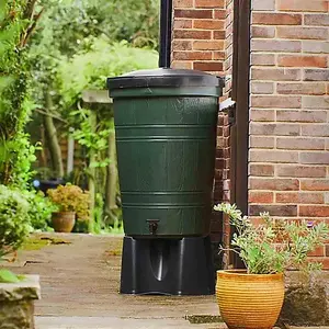 Garden Lake 200L Litre Wood Effect Green Barrel Water Butt with Child Safe Locking Lid, Stand & Rain Diverter Drainpipe Kit.