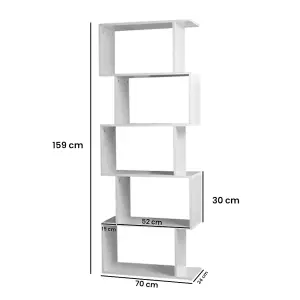 Alivio 5 Tier Wooden S-Shaped Bookcase Living Room Modern Display Shelves Storage - White