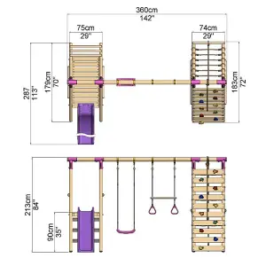 Rebo Wooden Swing Set with Deck and Slide plus Up and Over Climbing Wall - Jasper Pink