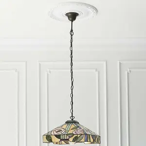 Tiffany Glass Hanging Ceiling Pendant Light Bronze & Square Rose Shade i00156