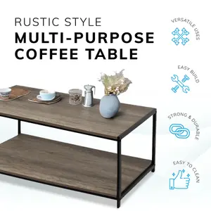 House of Home Rustic Coffee Table Grey with Metal Frame for Home Decor 100 X 50 X 45cm