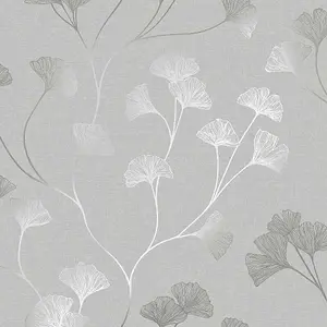 Holden Decor Glistening Ginkgo Grey Silver Linear Floral Smooth Wallpaper