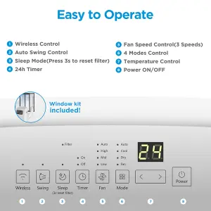 Midea Smart 9000BTU Portable Air Conditioner - 24h Timer, Low Energy, Window exhaust kit