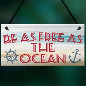 Red Ocean Free As The Ocean Nautical Seaside Marine Theme Hanging Plaque Bedroom Bathroom Door Sign