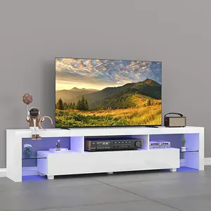 TV Unit for 80 inch TVs, with RGB LED Lights, High Gloss Front Entertainment Center Media Storage Unit (White)