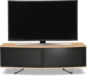 Centurion Supports Caru Gloss Black and Oak Beam-Thru Remote Friendly Contemporary "D" Shape Design up to 65" TV Cabinet